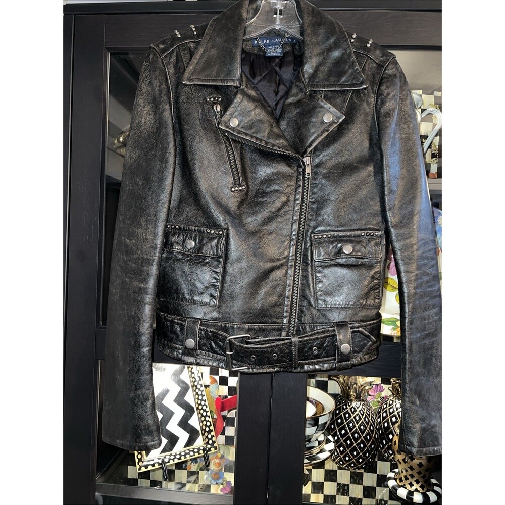 Ralph Lauren BLUE LABEL Leather MOTO Jacket S Small Studded & Fabulous Motorcyle